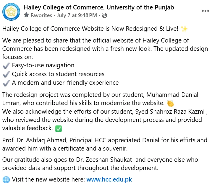 Facebook post of Hailey College of Commerce Website